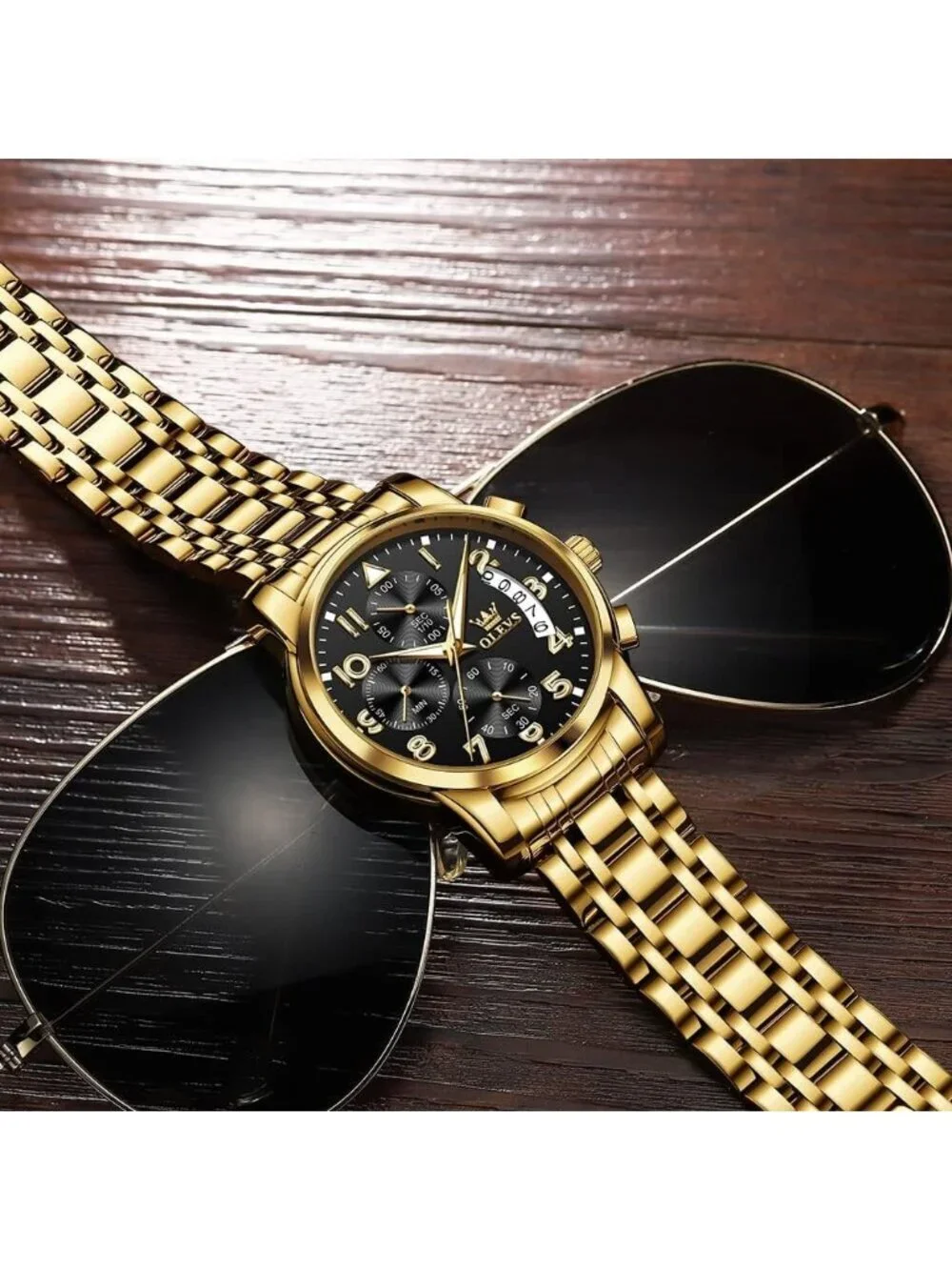 Men's Black Face/Gold Band Stainless Steel Chronograph Waterproof Dress Watch